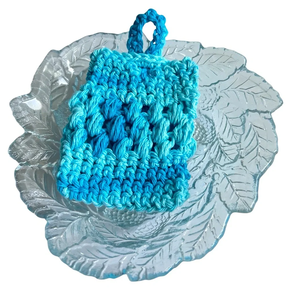 HAND CRAFTED Crochet Soap Saver Bag Blue 100% Cotton Bath Exfoliating Essential
